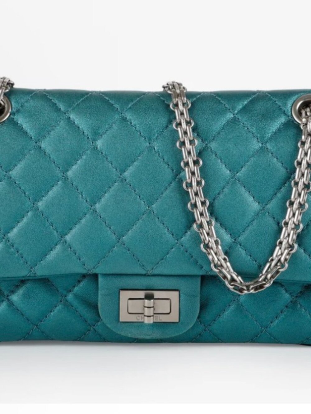 CHANEL MEDIUM REISSUE 2.55 DOUBLE FLAP, METALLIC TURQUOISE AGED CALFSKIN
